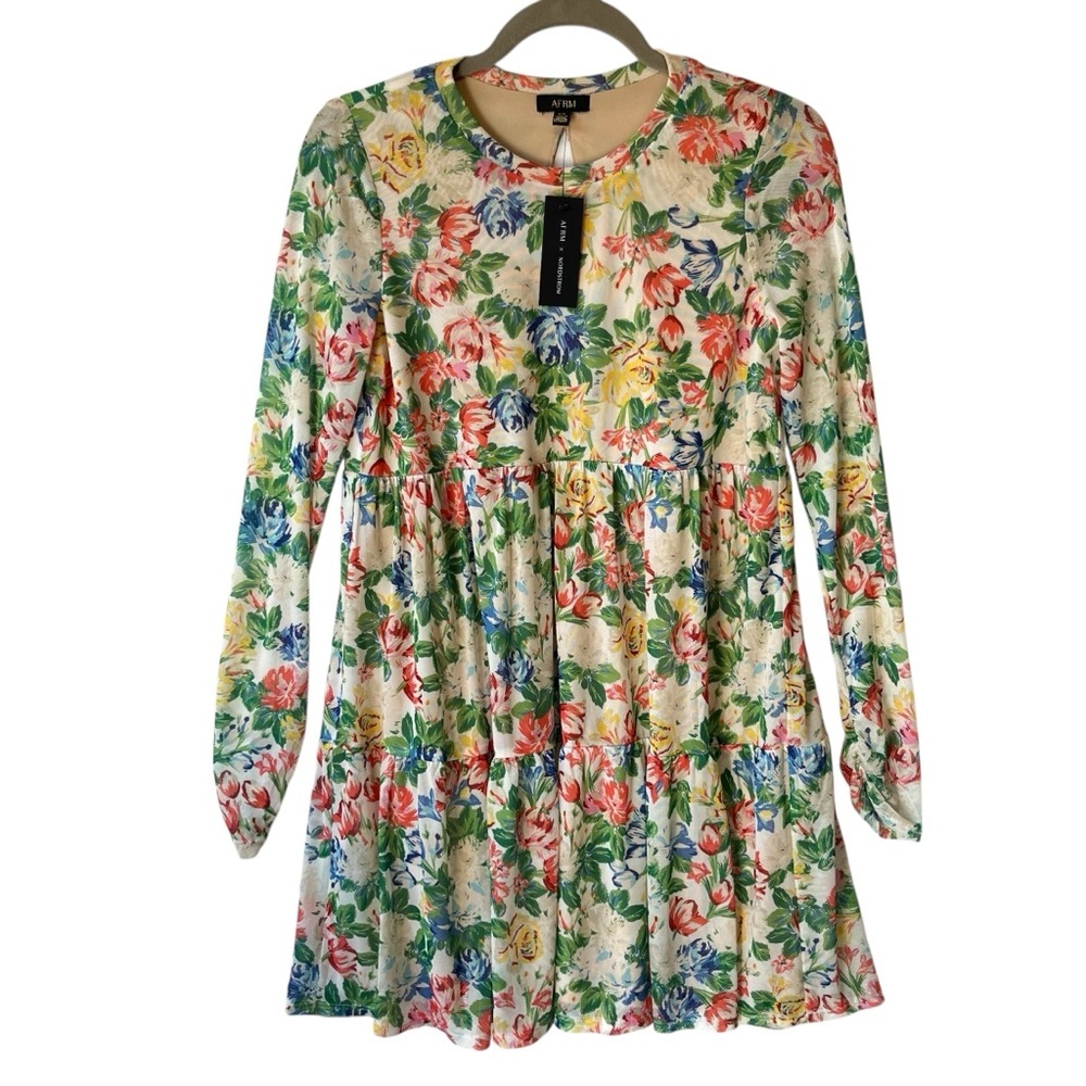 AFRM for Nordstrom Mini Babydoll dress S Floral Mesh Keyhole Long ruched sleeves